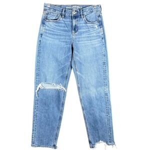 American Eagle Mom Jeans Women 4 Blue Distressed Knee Frayed Hem High Rise